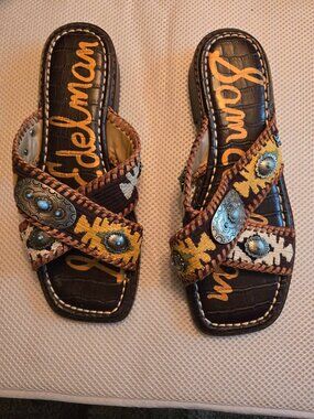 Sam Edelman size 7, aztec, turquoise , & silver slides, like new.